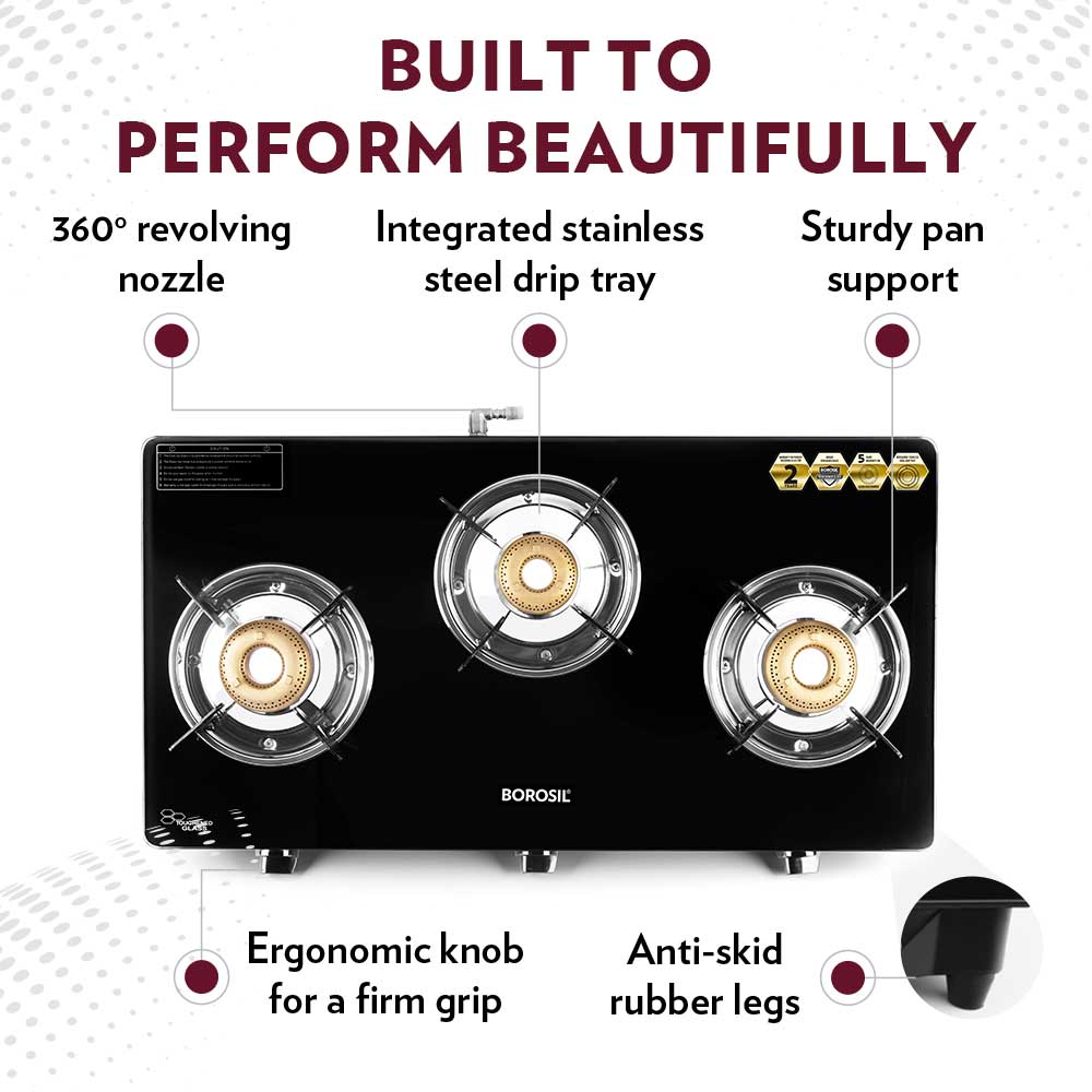 Borosil Magnum Glass-top Gas stove, 3 Burners