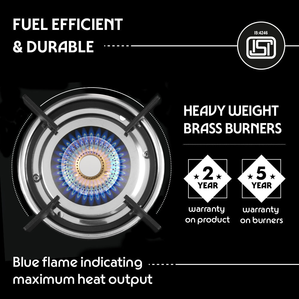Borosil Prima Glass-top Gas stove, 2 Burners, 8 mm Toughened Glass, Brass Burners