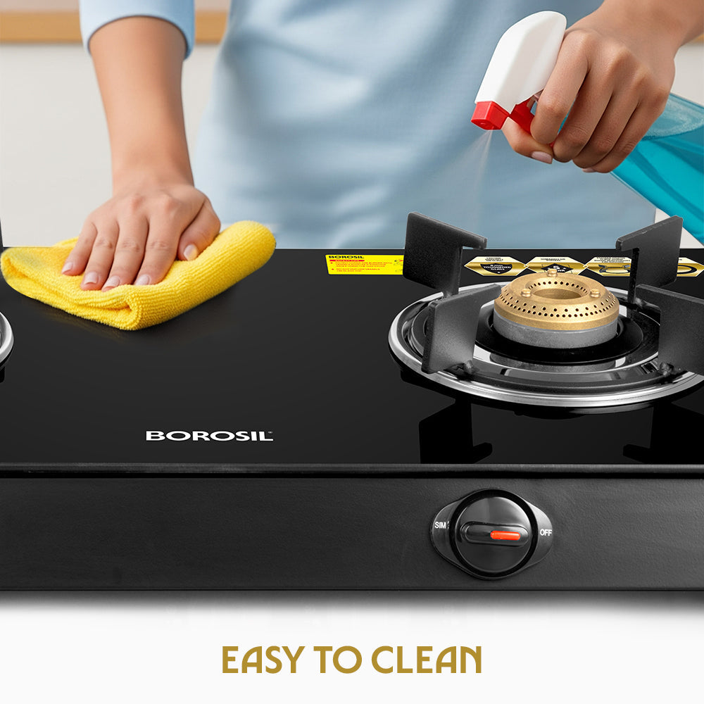 Borosil Prima Glass-top Gas stove, 2 Burners, 8 mm Toughened Glass, Brass Burners