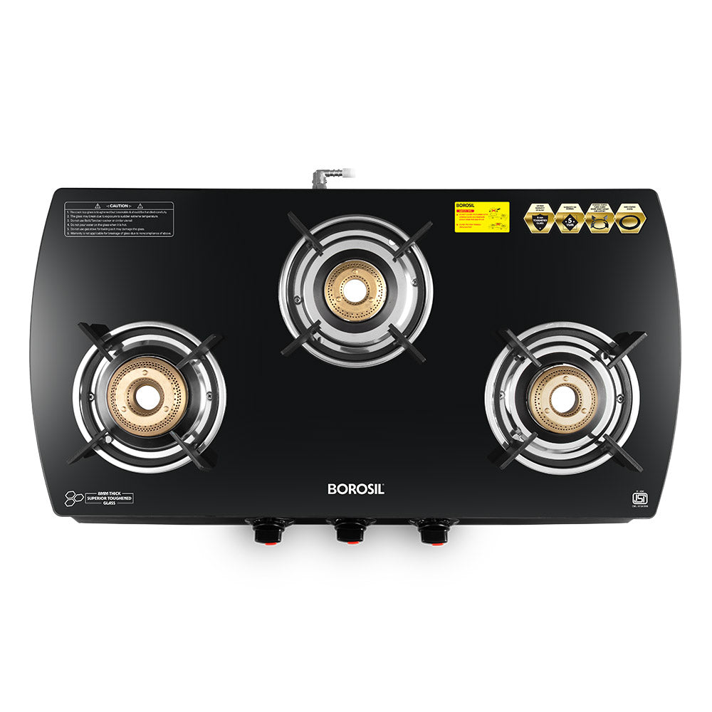 Borosil Prima Glass-top Gas stove, 3 Burners