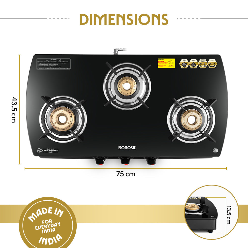Borosil Prima Glass-top Gas stove, 3 Burners
