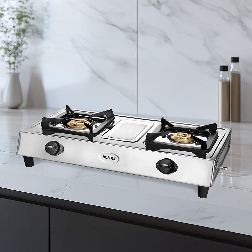 Borosil Smart Flame Stainless Steel Gas Stove, 2 Burners