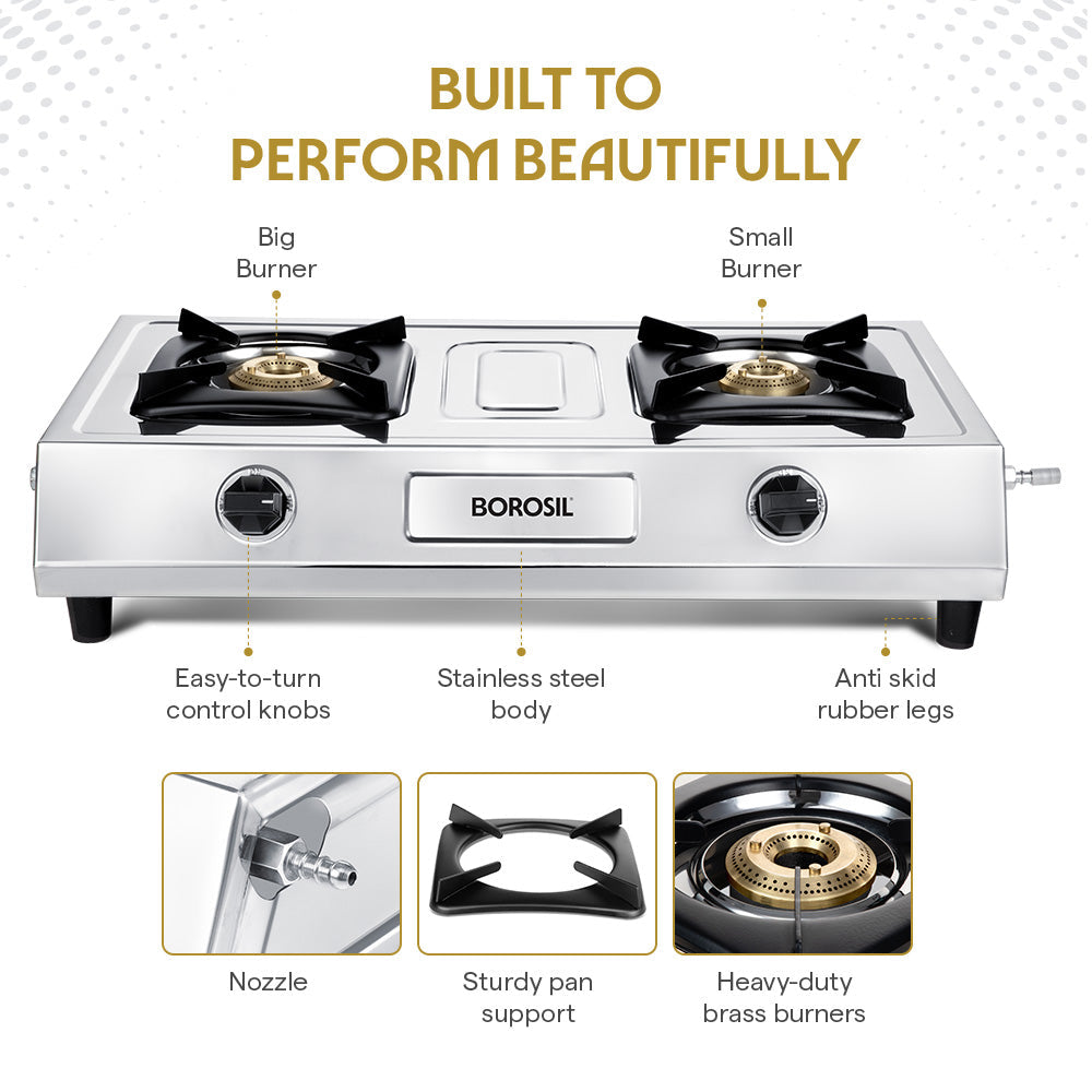 Borosil Smart Flame DLX Stainless Steel Gas Stove, 2 Burners