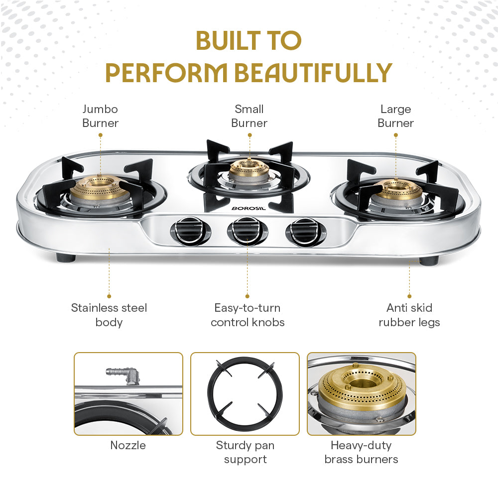 Borosil Ignite Pro Stainless Steel Gas Stove, 3 Burners