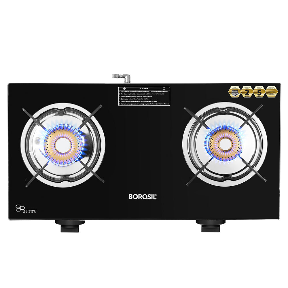 Borosil Blaze Glass-top Gas stove, 2 Burners (1 Large & 1 Small)