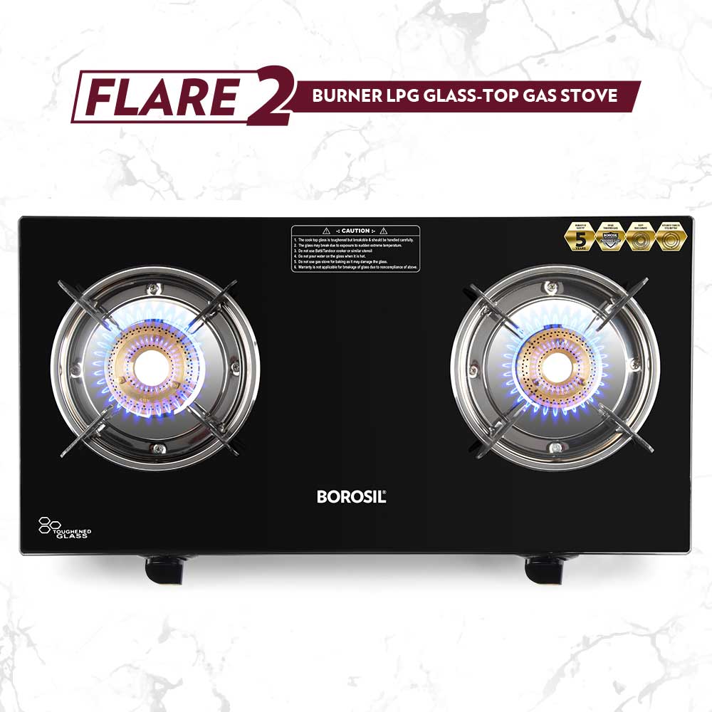 Borosil Flare Glasstop Gas stove, 2 Burners, 2burners(1large&1small)