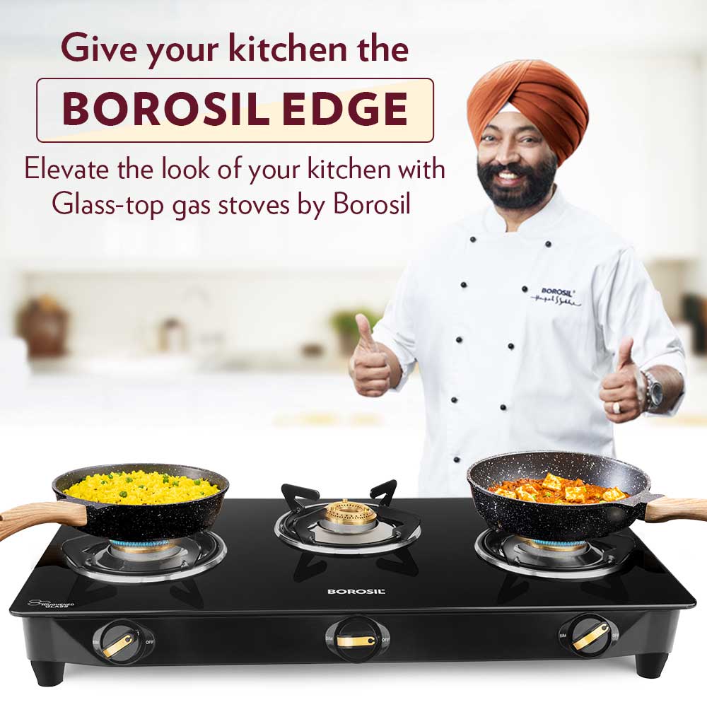 Borosil Flare Glasstop Gas stove, 3 Burners, 3burners(2large&1small)