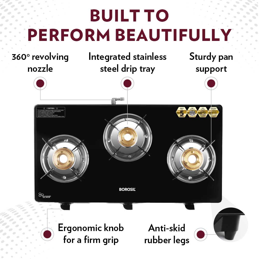 Borosil Flare Glasstop Gas stove, 3 Burners, 3burners(2large&1small)