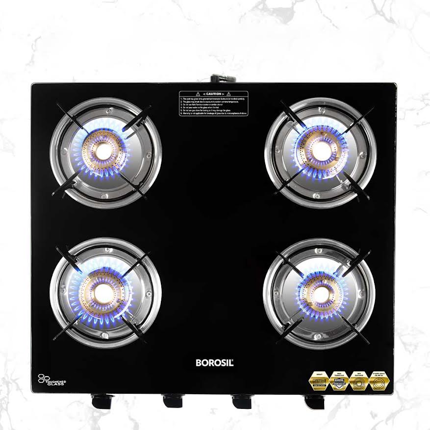 Borosil Flare Glasstop Gas stove, 4 Burners, 4burners(2large&2small)
