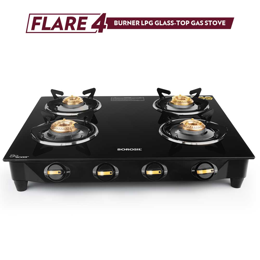 Borosil Flare Glasstop Gas stove, 4 Burners, 4burners(2large&2small)